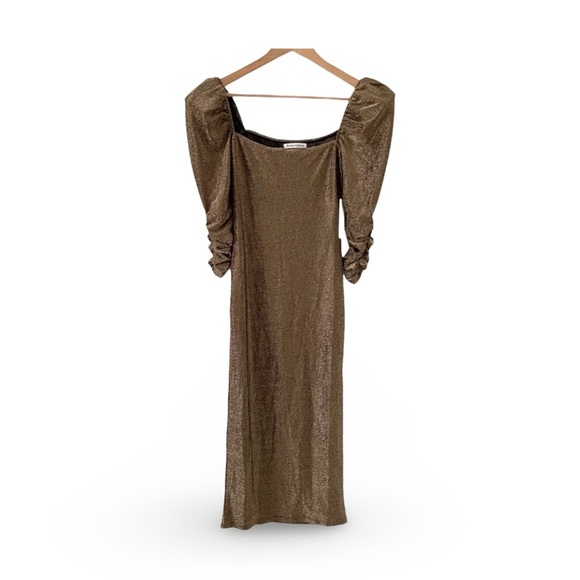 Reformation Rahm Ruched Puff Sleeve Midi Dress in Bronze Sparkle | Size XS - Picture 6 of 16